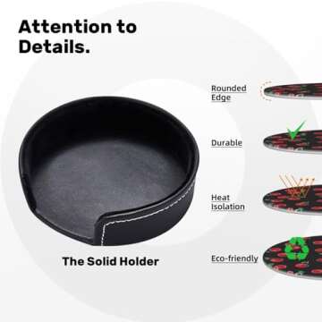 Red Black Fruit Cherry Coasters for Drinks Round Leather Coaster with Holder Set of 6 for Tabletop Protection Desk Accessories Office Home Room Decor