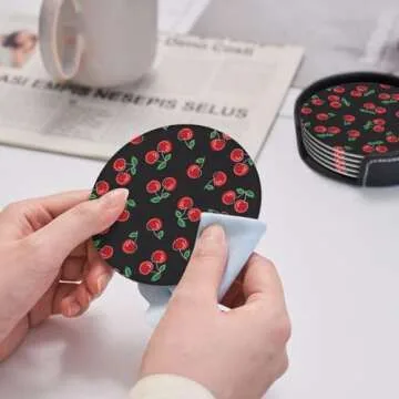 Red Black Fruit Cherry Coasters for Drinks Round Leather Coaster with Holder Set of 6 for Tabletop Protection Desk Accessories Office Home Room Decor