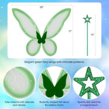 Funcredible Green Fairy Wings, Fairy Wand and Glitter - Fairy Costume Accessories - Fairy Costume fo...