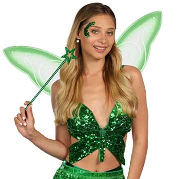 Funcredible Green Fairy Wings, Fairy Wand and Glitter - Fairy Costume Accessories - Fairy Costume for Women and Girls - Fairy Accessories Cosplay