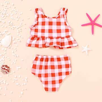 YOUNGER TREE Toddler Baby Girls Summer Swimsuit Sleeveless Plaid Swimwear Two-Piece Suit Beach Bikini Outfits Bathing Suit (Red Swimsuit, 2-3T)