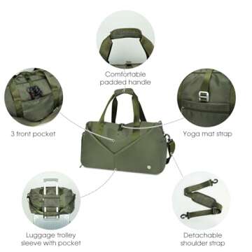 Ceneda 20" Gym Duffel Bag with Wet Pocket Shoes Compartment Portable Overnight Weekender Bag Travel bag Yoga Bag for Women (Green)