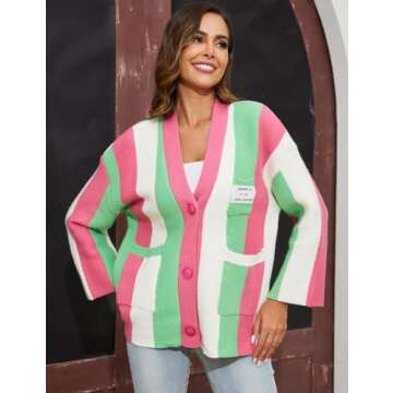 Arssm Women's Color Block Cardigan Sweater Winter Cable Striped Knitted Outwear Casual Chunky Open F...