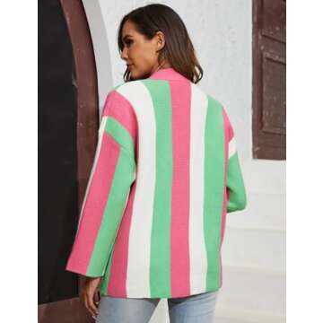 Arssm Women's Color Block Cardigan Sweater Winter Cable Striped Knitted Outwear Casual Chunky Open Front Fall Top(Rosered-M)