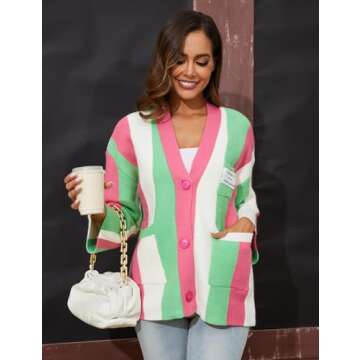 Arssm Women's Color Block Cardigan Sweater Winter Cable Striped Knitted Outwear Casual Chunky Open Front Fall Top(Rosered-M)