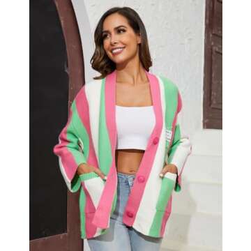 Arssm Women's Color Block Cardigan Sweater Winter Cable Striped Knitted Outwear Casual Chunky Open Front Fall Top(Rosered-M)