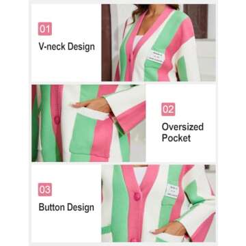 Arssm Women's Color Block Cardigan Sweater Winter Cable Striped Knitted Outwear Casual Chunky Open Front Fall Top(Rosered-M)