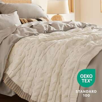 Bedsure Cable Knit Throw Blanket for Couch Bed - Chenille Chunky Knit Throw Blanket for Winter and All Seasons, Soft Cozy and Warm, Cream, 50x60 Inches