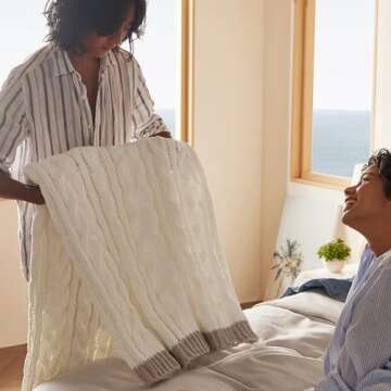 Bedsure Cable Knit Throw Blanket for Couch Bed - Chenille Chunky Knit Throw Blanket for Winter and All Seasons, Soft Cozy and Warm, Cream, 50x60 Inches