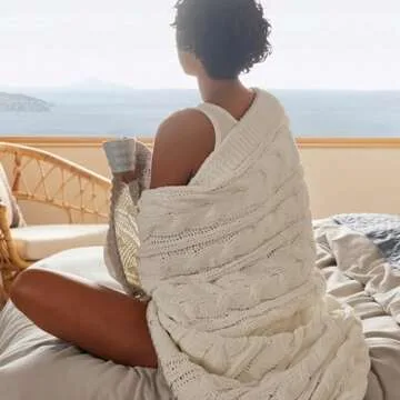 Bedsure Cable Knit Throw Blanket for Couch Bed - Chenille Chunky Knit Throw Blanket for Winter and All Seasons, Soft Cozy and Warm, Cream, 50x60 Inches