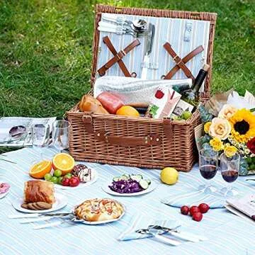 HappyPicnic Wicker Picnic Basket | 4 Person Set with Cooler