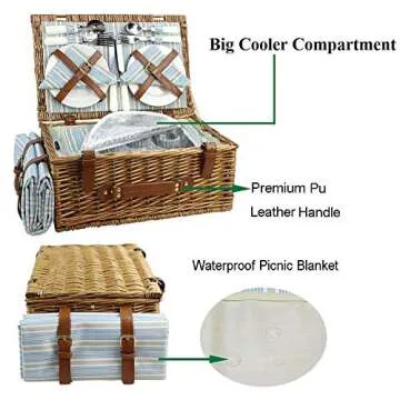 HappyPicnic Wicker Picnic Basket | 4 Person Set with Cooler