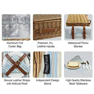 HappyPicnic Wicker Picnic Basket | 4 Person Set with Cooler