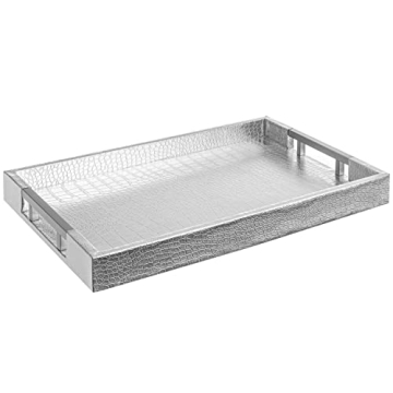 Modern Elegant 18"x12" Rectangle Glossy Silver Crocodile Faux Leather Tray Decorative Ottoman Coffee...