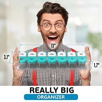 Extra Large Weekly Pill Organizer - XL Vitamin Holder with 7 Detachable AM PM Compartments - Portable Medicine Dispenser for Home and Travel, Big Supplement Container for Weekly or Daily Use, Mint