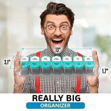 Extra Large Weekly Pill Organizer - XL Vitamin Holder with 7 Detachable AM PM Compartments - Portable Medicine Dispenser for Home and Travel, Big Supplement Container for Weekly or Daily Use, Mint