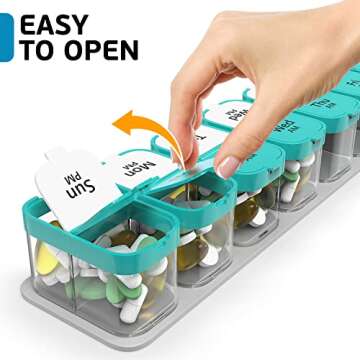 Extra Large Weekly Pill Organizer - XL Vitamin Holder with 7 Detachable AM PM Compartments - Portable Medicine Dispenser for Home and Travel, Big Supplement Container for Weekly or Daily Use, Mint