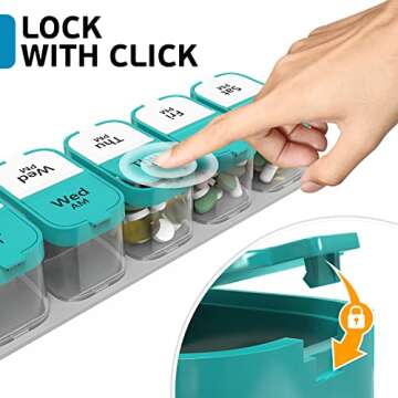 Extra Large Weekly Pill Organizer - XL Vitamin Holder with 7 Detachable AM PM Compartments - Portable Medicine Dispenser for Home and Travel, Big Supplement Container for Weekly or Daily Use, Mint