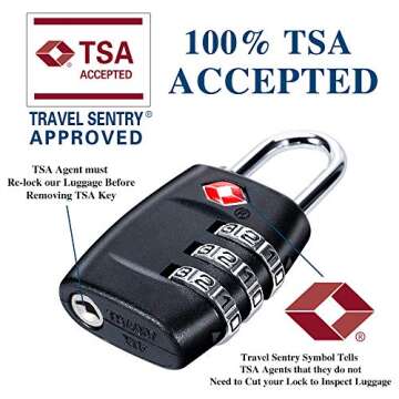TSA Luggage Locks (4Pack) - 3 Digit Combination Padlocks - Approved Travel Lock for Suitcases & Baggage (Black)