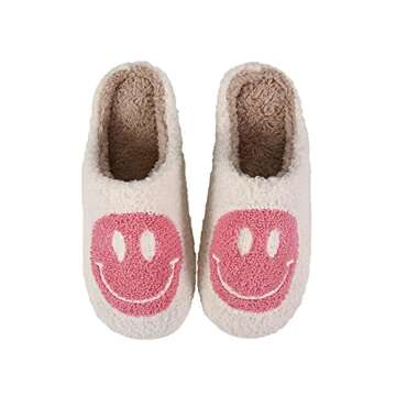 Retro Smile Face Slippers,Soft Plush Comfy Warm Smile Slippers Fluffy Happy House Slippers for Women Slip-on Cozy Indoor Slides Outdoor Winter Cotton Shoes (White and Purple, 44/45,