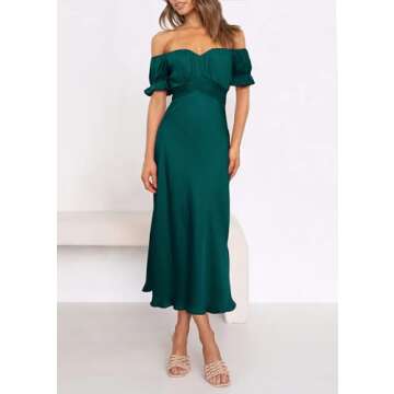 KIRUNDO Women's 2024 Summer Satin Midi Dress Off Shoulder Wrap Ruched Wedding Guest Party Cocktail Formal Prom Dresses(Dark Cyan, Small)