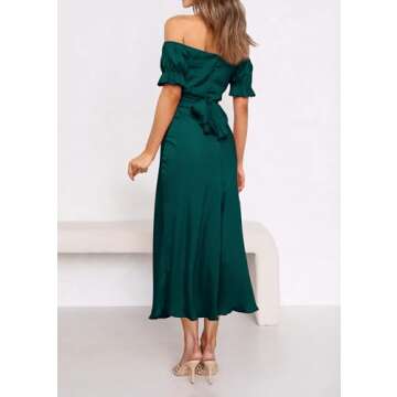 KIRUNDO Women's 2024 Summer Satin Midi Dress Off Shoulder Wrap Ruched Wedding Guest Party Cocktail Formal Prom Dresses(Dark Cyan, Small)