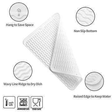 MicoYang Silicone Dish Drying Mat for Multiple Usage,Easy clean,Eco-friendly,Heat-resistant Silicone Mat for Kitchen Counter or Sink,Refrigerator or Drawer liner White L 16 inches x 12 inches