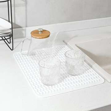 MicoYang Silicone Dish Drying Mat for Multiple Usage,Easy clean,Eco-friendly,Heat-resistant Silicone Mat for Kitchen Counter or Sink,Refrigerator or Drawer liner White L 16 inches x 12 inches