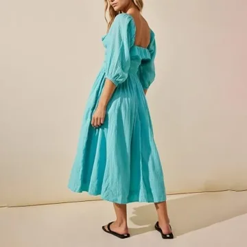 Womens Square Neck Dresses Puff Sleeve Ruffle Flowy Dress Party Wedding Guest Dress Beach Sundress, Blakc, Small