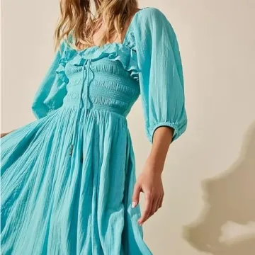 Womens Square Neck Dresses Puff Sleeve Ruffle Flowy Dress Party Wedding Guest Dress Beach Sundress, Blakc, Small