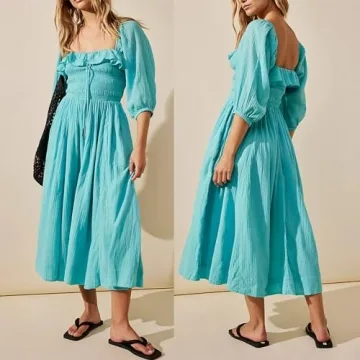 Womens Square Neck Dresses Puff Sleeve Ruffle Flowy Dress Party Wedding Guest Dress Beach Sundress, Blakc, Small