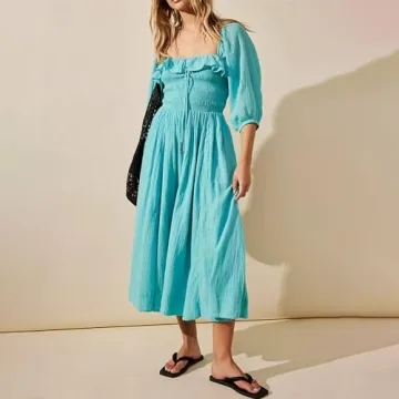 Womens Square Neck Dresses Puff Sleeve Ruffle Flowy Dress Party Wedding Guest Dress Beach Sundress, Blakc, Small