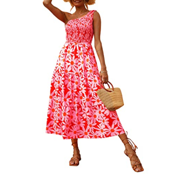 BTFBM 2025 Summer One Shoulder Dresses for Women Casual Sleeveless High Waist Floral Flowy Smocked B...