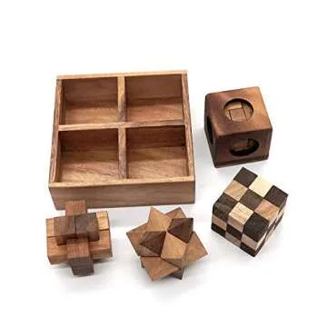 BSIRI Wooden Puzzle Box Set (4 Games) - Challenging Brain Teasers 3D Puzzles for Adults, Interlocking Games for IQ Test. Ideal for Rustic Patio Decor, Unique Gift for Christmas and Birthdays