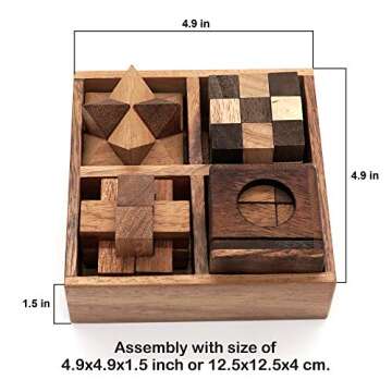 BSIRI Wooden Puzzle Box Set (4 Games) - Challenging Brain Teasers 3D Puzzles for Adults, Interlocking Games for IQ Test. Ideal for Rustic Patio Decor, Unique Gift for Christmas and Birthdays