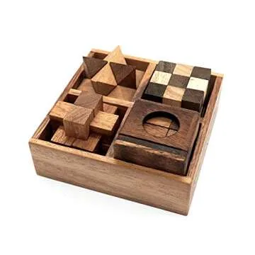 BSIRI Wooden Puzzle Box Set (4 Games) - Challenging Brain Teasers 3D Puzzles for Adults, Interlocking Games for IQ Test. Ideal for Rustic Patio Decor, Unique Gift for Christmas and Birthdays