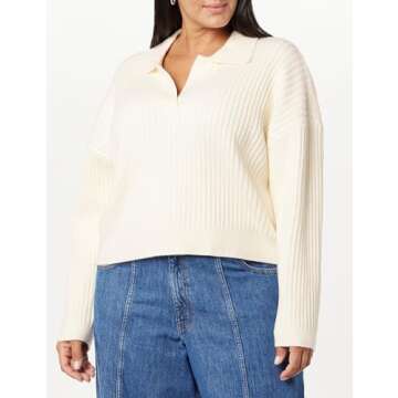 The Drop Women's Marcy Ribbed Collar Relaxed Pullover, Ivory, L