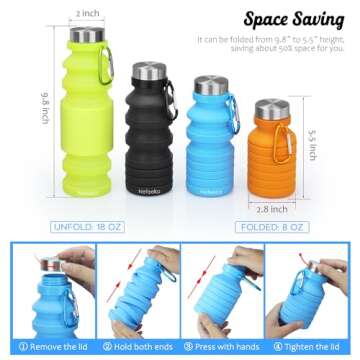 Nefeeko Collapsible Water Bottle, 18floz Reuseable BPA Free Silicone Foldable Water Bottles for Trav...