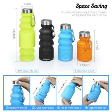 Nefeeko Collapsible Water Bottle, 18floz Reuseable BPA Free Silicone Foldable Water Bottles for Trav...