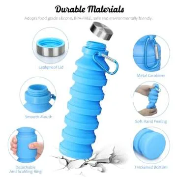 Nefeeko Collapsible Water Bottle, 18floz Reuseable BPA Free Silicone Foldable Water Bottles for Travel Gym Camping Hiking, Portable Leak Proof Sports Water Bottle with Carabiner