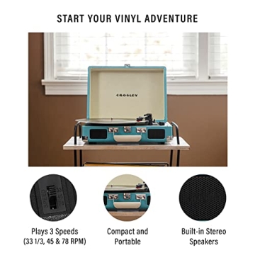 Crosley CR8005F-TU Cruiser Plus Vintage 3-Speed Bluetooth in/Out Suitcase Vinyl Record Player Turntable, Turquoise/White
