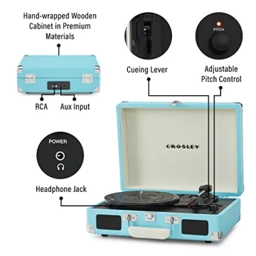 Crosley CR8005F-TU Cruiser Plus Vintage 3-Speed Bluetooth in/Out Suitcase Vinyl Record Player Turntable, Turquoise/White