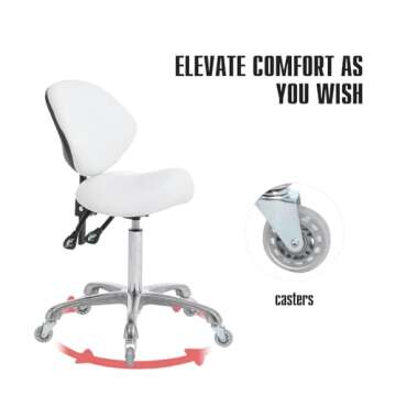 FRNIAMC Ergonomic Saddle Stool Rolling Adjustable, Hydraulic Heavy-Duty (350 lbs) Stool Chair for Dental Lab Salon Massage Studio Office(White, With Backrest)