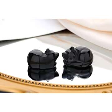 QINJIEJIE Black Obsidian Cat Decor Crystals and Healing Stones Figurine Sleeping Cat Stone Statue Gi...