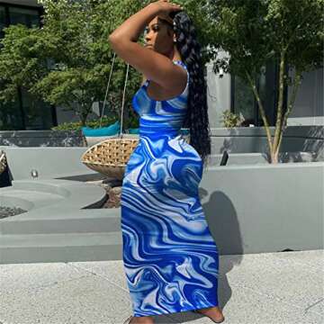 Womens Sexy Summer Casual Slit Scoop Neck Ottoman Rib Water Ripple Club Long Bodycon Maxi Tank Dress Sun Dresses Blue S