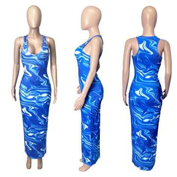Womens Sexy Summer Casual Slit Scoop Neck Ottoman Rib Water Ripple Club Long Bodycon Maxi Tank Dress Sun Dresses Blue S