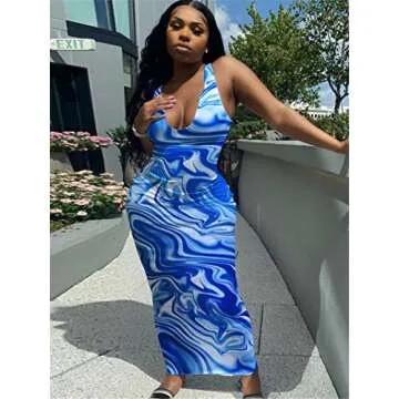 Womens Sexy Summer Casual Slit Scoop Neck Ottoman Rib Water Ripple Club Long Bodycon Maxi Tank Dress Sun Dresses Blue S