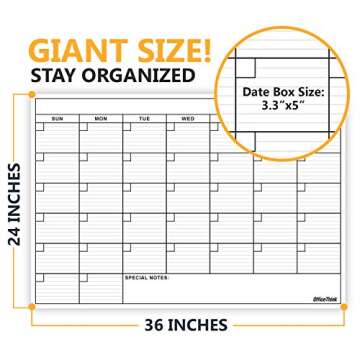 Dry Erase Laminated Jumbo Wall Calendar, Huge 24-inch by36-Inch Size, Monthly Planner for Home Office, Classroom, Large Date Boxes, Reusable Film, Never Folded, Includes 5 Markers, 8 Tacks. I Eraser