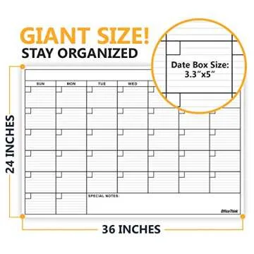 Dry Erase Laminated Jumbo Wall Calendar, Huge 24-inch by36-Inch Size, Monthly Planner for Home Office, Classroom, Large Date Boxes, Reusable Film, Never Folded, Includes 5 Markers, 8 Tacks. I Eraser