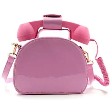 QiMing Retro dial telephone Crossbody Shoulder Bag,Pu Movable microphone Purse for Women(Pink)